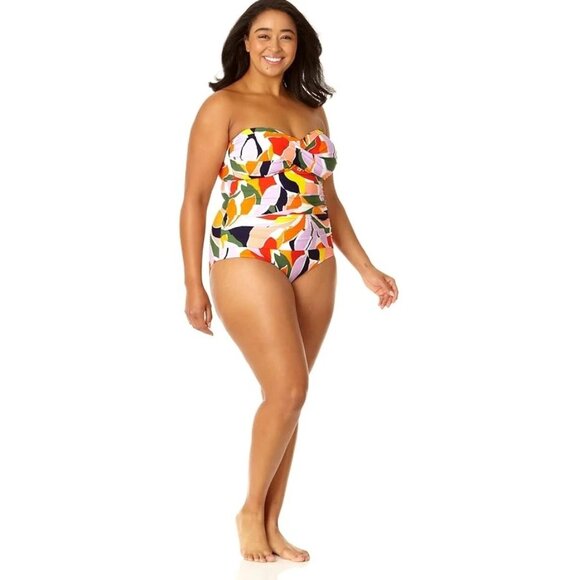 Anne Cole Palm Party Twist-Front Bandeau One-Piece Swimsuit Colorful 24W - Picture 1 of 6